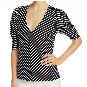 Frame Black and White Striped V Neck Top with Puff Sleeve Detail
